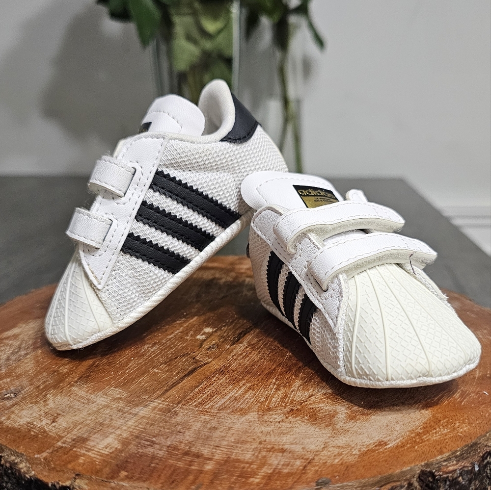 adidas Kids White Sneakers with Black Stripes and Velcro